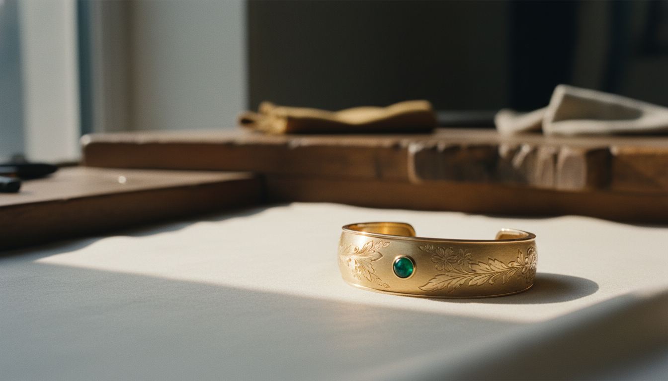 A pair of gold earrings catching morning light