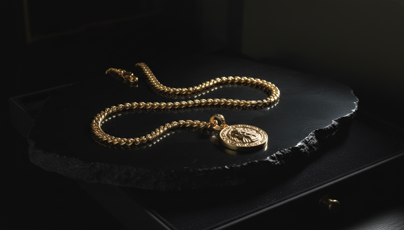 A signature chain laid on dark stone